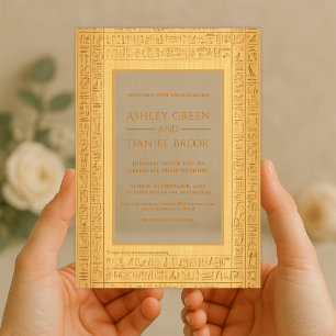 Invitations En Acrylique Anciens motifs hiéroglyphiques dorés Mariage égypt