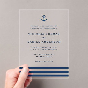 Invitations En Acrylique Ancre bleue marine moderne Mariage nautique