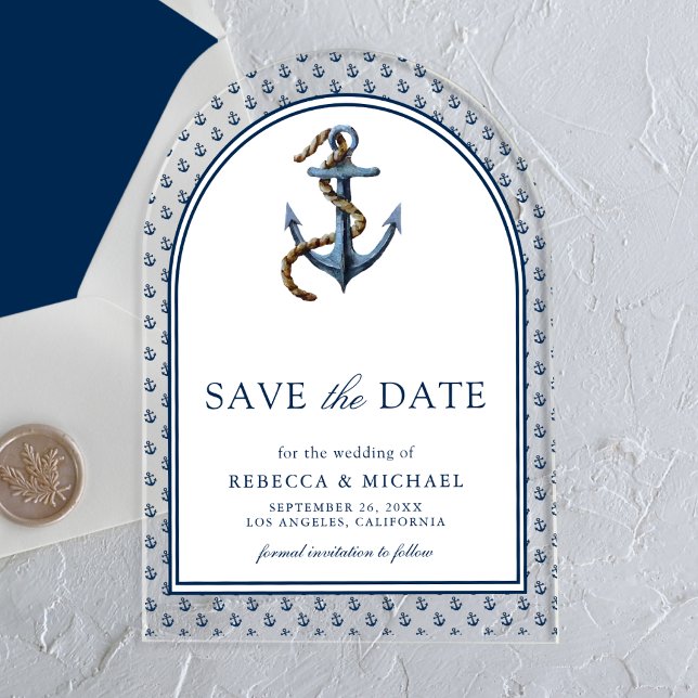 Invitations En Acrylique Ancre bleue marine nautique mariage Enregistrer la (Créateur téléchargé)