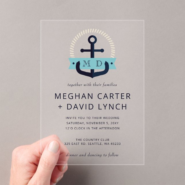 Invitations En Acrylique Ancre marine moderne Monogramme nautique Mariage I (In situ (ordinateur de poche))