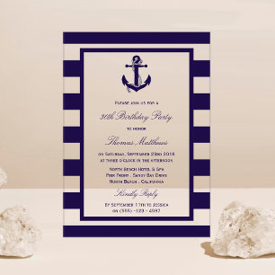 Invitations En Acrylique Ancre nautique Marine Stripe Beach Anniversaire