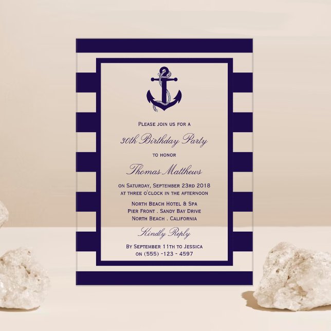 Invitations En Acrylique Ancre nautique Marine Stripe Beach Anniversaire (Créateur téléchargé)