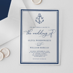 Invitations En Acrylique Ancre nautique Monogramme Cadre Marine Mariage