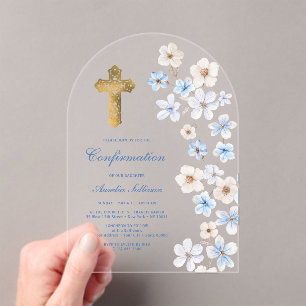 Invitations En Acrylique Anémones Blanches Bleues Arche Confirmation