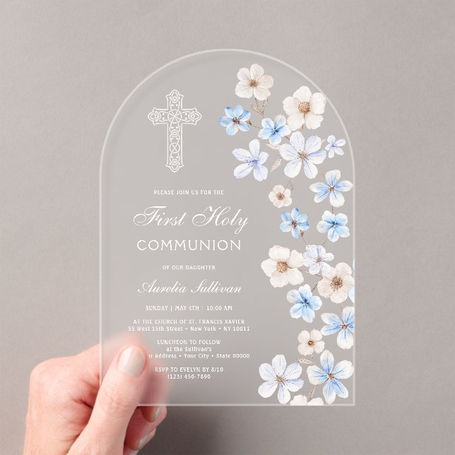 Invitations En Acrylique Anémones Bleues et Blanches pour la Première Commu (In situ (ordinateur de poche))