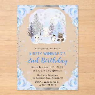Invitations En Acrylique Animaux Arctiques Aquarelle Floral 2ème Anniversai