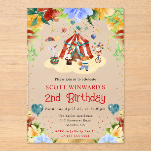 Invitations En Acrylique Animaux de cirque à l'aquarelle pour l'anniversair