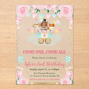 Invitations En Acrylique Animaux de cirque Anniversaire Rose Aquarelle