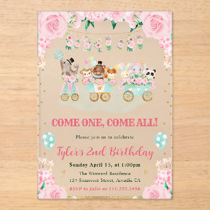 Invitations En Acrylique Animaux de cirque Anniversaire Rose Aquarelle