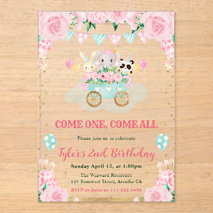 Invitations En Acrylique Animaux de cirque rose aquarelle pour fête d'anniv