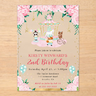 Invitations En Acrylique Animaux de cirque rose aquarelle pour l'anniversai