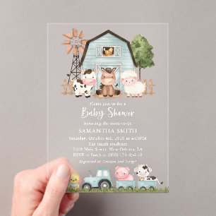 Invitations En Acrylique Animaux de la ferme, Animaux mignons, Grange bleue