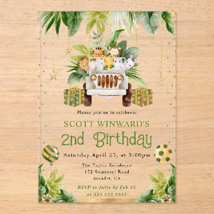 Invitations En Acrylique Animaux de la Jungle Aquarelle pour l'anniversaire