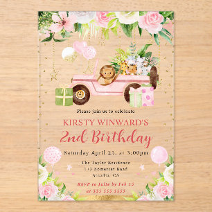 Invitations En Acrylique Animaux de la jungle rose aquarelle pour l'anniver