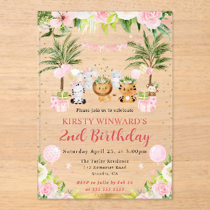 Invitations En Acrylique Animaux de la jungle rose aquarelle pour l'anniver