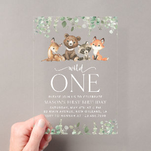 Invitations En Acrylique Animaux des Bois, Forêt, Sauvage, Premier Annivers