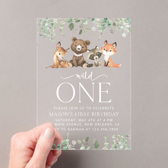 Invitations En Acrylique Animaux des bois, Forêt, Un sauvage, Premier anniv (In situ (ordinateur de poche))