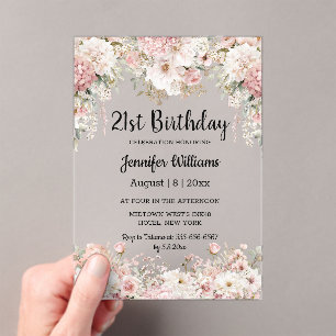 Invitations En Acrylique anniversaire 21 ans aquarelle rose floral moderne