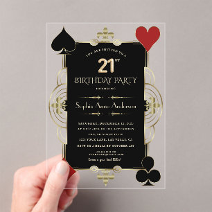 Invitations En Acrylique Anniversaire 21 ans Femme Casino Art Déco Or Vegas