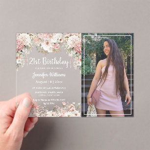 Invitations En Acrylique anniversaire 21 ans fête photo florale rose