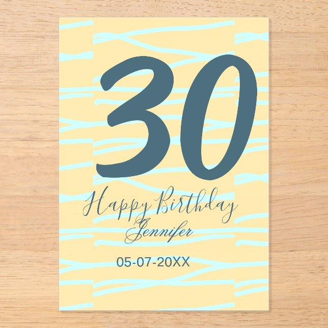 Invitations En Acrylique anniversaire 30 ans ajouter nom date année jaune b (Recto)