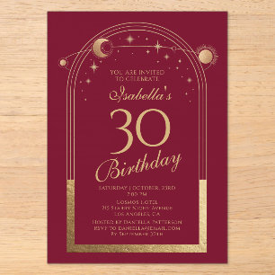 Invitations En Acrylique Anniversaire 30 ans Rouge Or Céleste Soleil Lune É