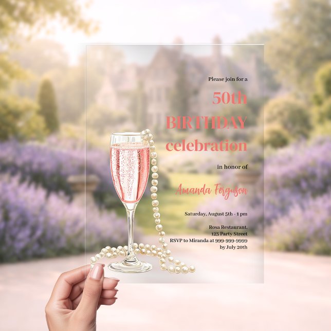 Invitations En Acrylique Anniversaire blanc rose mousseux perles de vin cla (Créateur téléchargé)