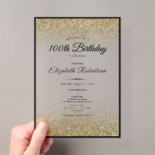 Invitations En Acrylique Anniversaire de 100 ans élégant noir et or paillet