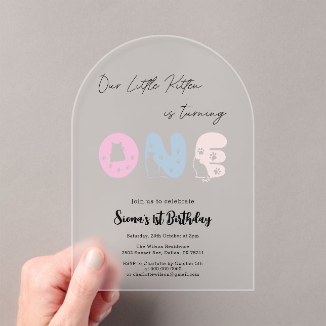 Invitations En Acrylique Anniversaire de 1 an de chat mignon (In situ (ordinateur de poche))