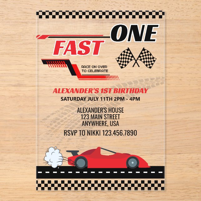 Invitations En Acrylique Anniversaire de enfant de voiture de course rouge  (Recto)