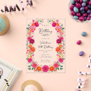 Invitations En Acrylique Anniversaire de jardin floral rose et orange color