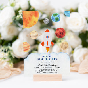Invitations En Acrylique Anniversaire de la fusée spatiale de la galaxie Bl