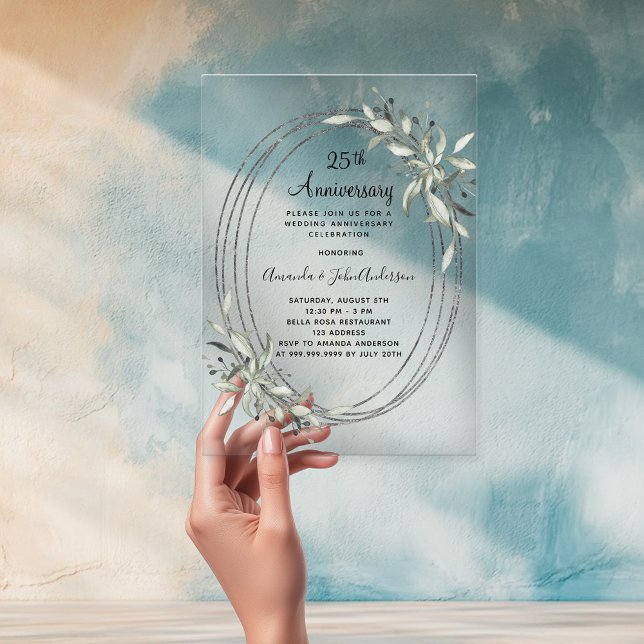 Invitations En Acrylique anniversaire de mariage de 25 ans argent verdure c (Créateur téléchargé)