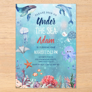 Invitations En Acrylique Anniversaire des enfants sous la mer Animaux de l'