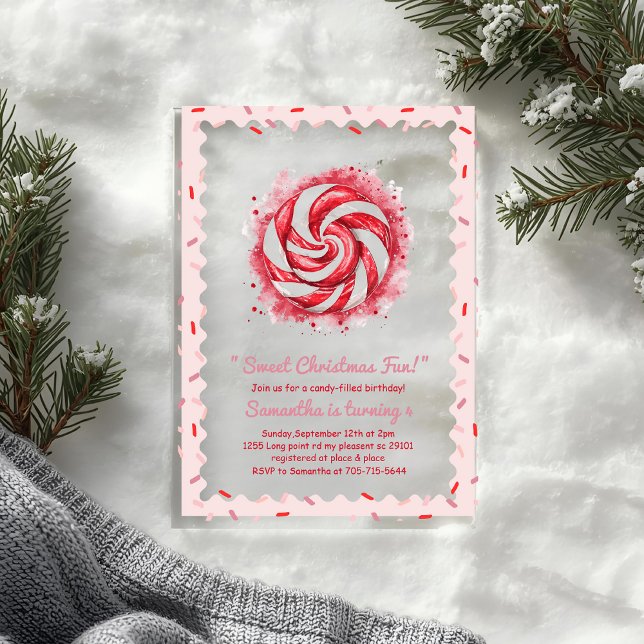 Invitations En Acrylique "Anniversaire d'hiver Candy Rouge & Blanc  (Créateur téléchargé)