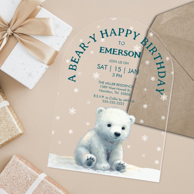 Invitations En Acrylique Anniversaire d'ours polaire clair (Clear Polar Bear Birthday Acrylic Invitations)