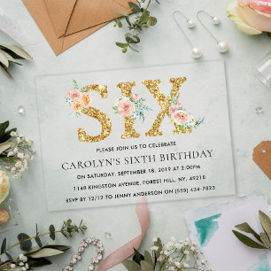 Invitations En Acrylique Anniversaire élégant floral doré pailleté SIX 6 an