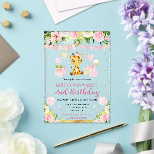 Invitations En Acrylique Anniversaire Enfants Girafe Jungle Rose Mignon Aqu