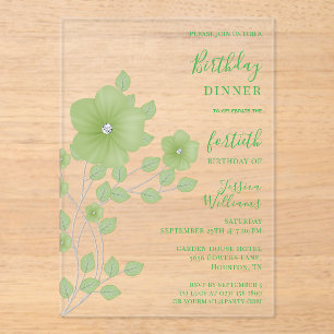 Invitations En Acrylique Anniversaire floral vert diamant sophistiqué
