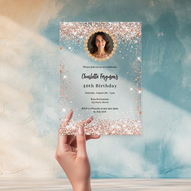 Invitations En Acrylique Anniversaire rose or diamant photo clair (Créateur téléchargé)