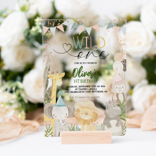 Invitations En Acrylique Anniversaire Safari Pastel Terreux Wild One 1 an