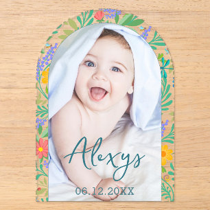 Invitations En Acrylique Annonce de naissance avec photo couleur florale mi