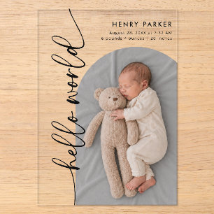 Invitations En Acrylique Annonce de naissance en acrylique Hello World Baby