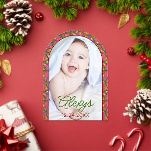 Invitations En Acrylique Annonce de naissance photo d'hiver avec guirlandes