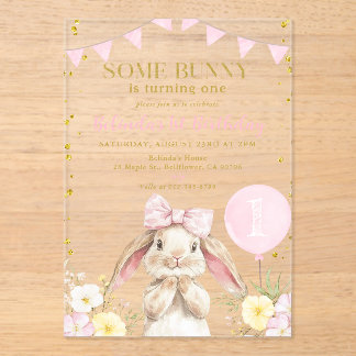 Invitations En Acrylique ANY AGE Bunny Pink Watercolor Wildflower Birthday 