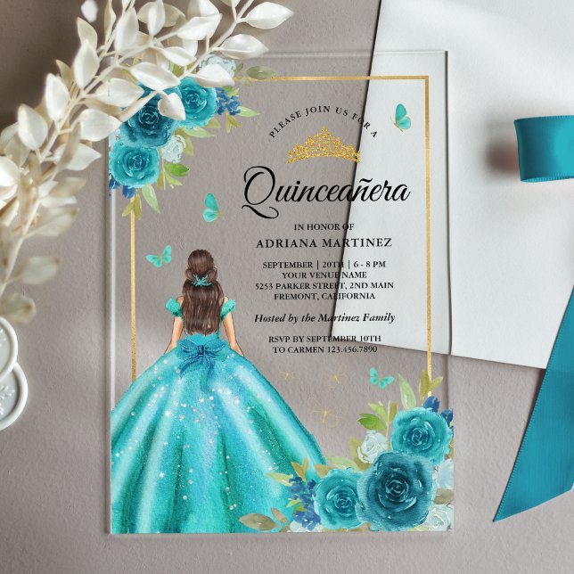 Invitations En Acrylique Aqua Blue Floral Robe Papillon Or Quinceanera (Créateur téléchargé)