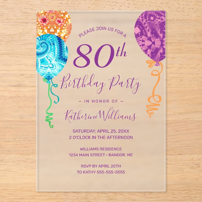 Invitations En Acrylique Aqua moderne violet ballons 80e fête d'anniversair (Recto)