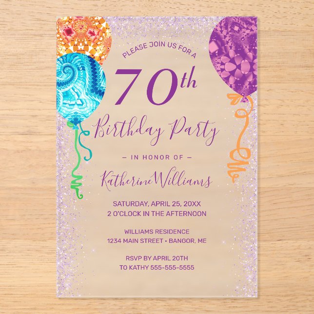 Invitations En Acrylique Aqua Purple Balloons moderne 70e anniversaire fête (Recto)
