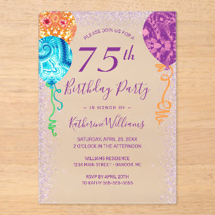 Invitations En Acrylique Aqua Purple Balloons moderne 75e anniversaire fête