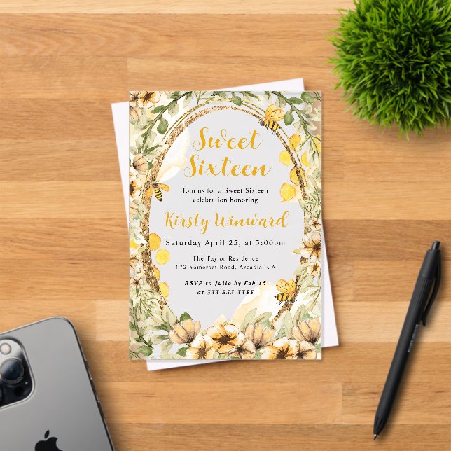 Invitations En Acrylique Aquarelle Abeilles d'été et fleurs Sweet sixteen (Insitu (Carte d'invitation))
